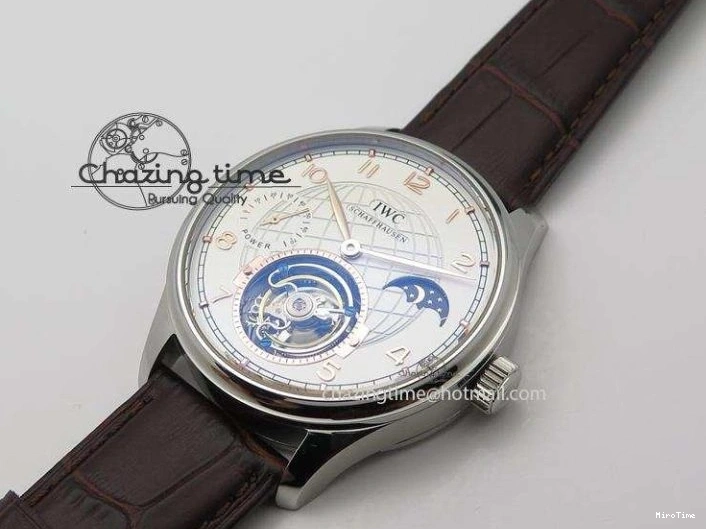 MIROTIME 0213 Chic Portuguese Tourbillon Power Reserve Moonphase SS White Dial Gold Numbers On Black Leather Strap 7319